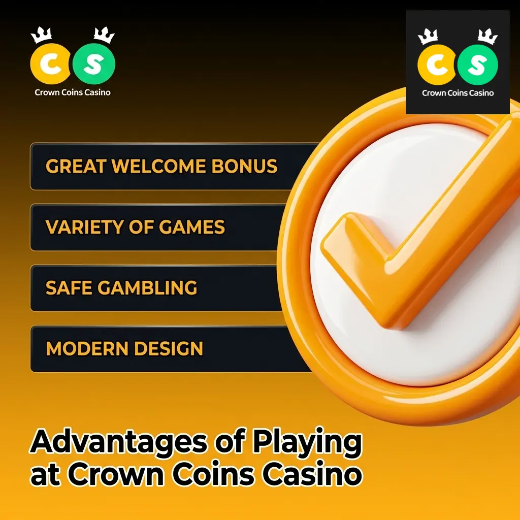 Crown Coins Casino advantages including no-deposit welcome offer, 500+ games, sweepstakes legal structure, and mobile play
