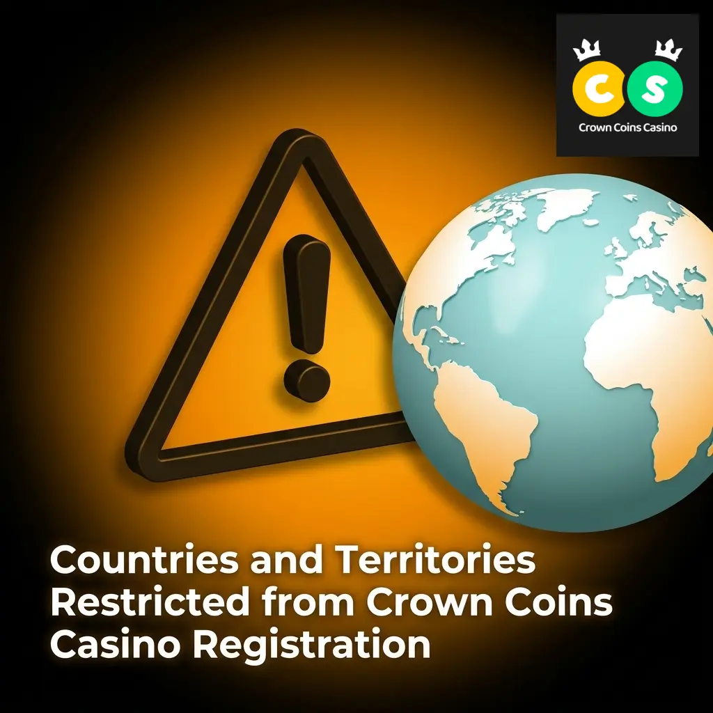 Map highlighting countries restricted from Crown Coins Casino registration including UK, Australia, France, Germany, and other jurisdictions