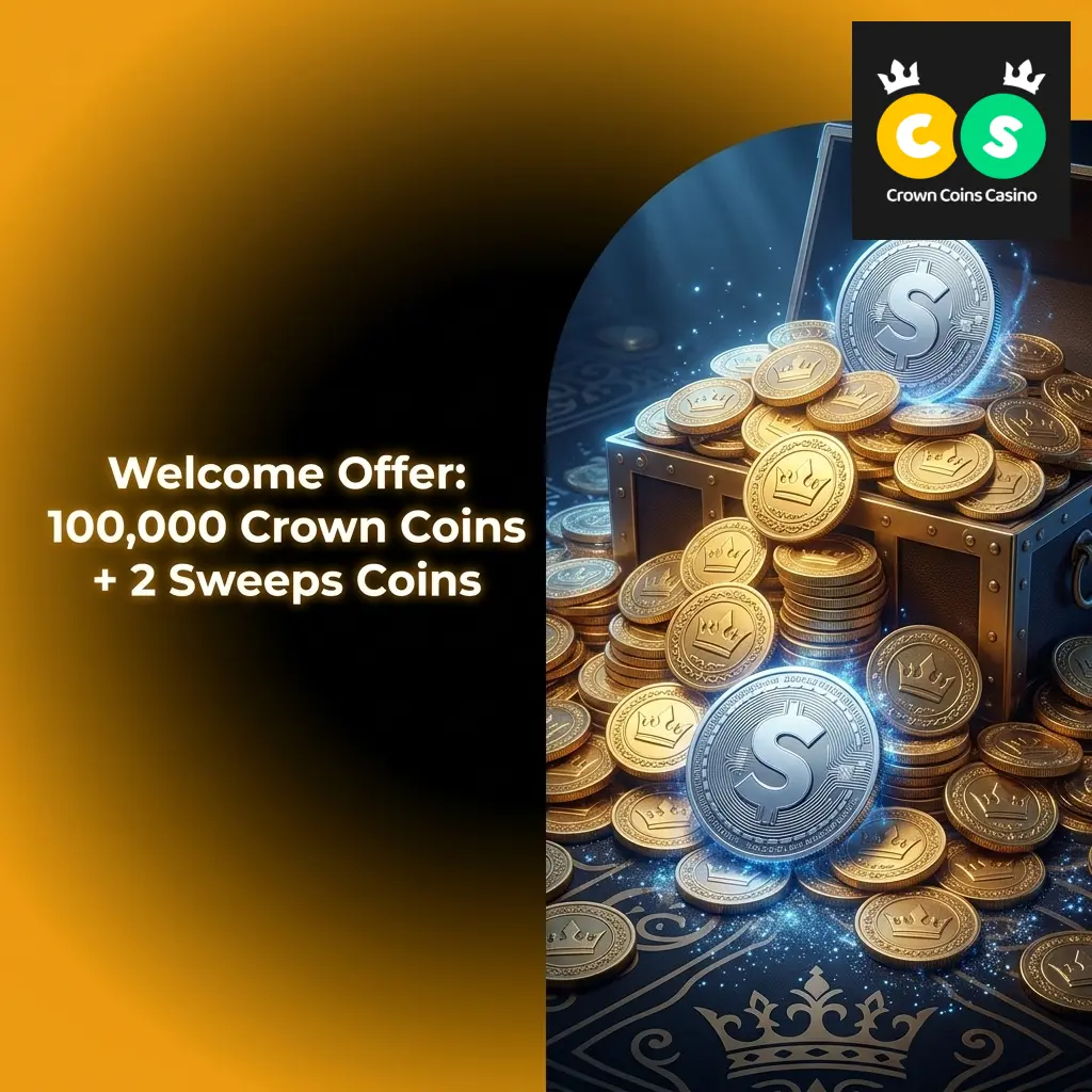 Crown Coins Casino welcome offer showing 100,000 Crown Coins and 2 Sweeps Coins no-deposit bonus for new players