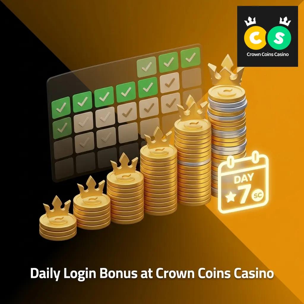 Crown Coins Casino daily login bonus streak rewards with increasing Crown Coins and periodic Sweeps Coins for consecutive logins