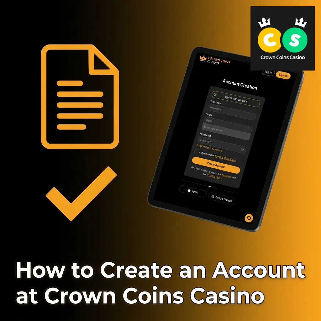 Step-by-step Crown Coins Casino account registration process showing signup form and welcome bonus of 100K Crown Coins