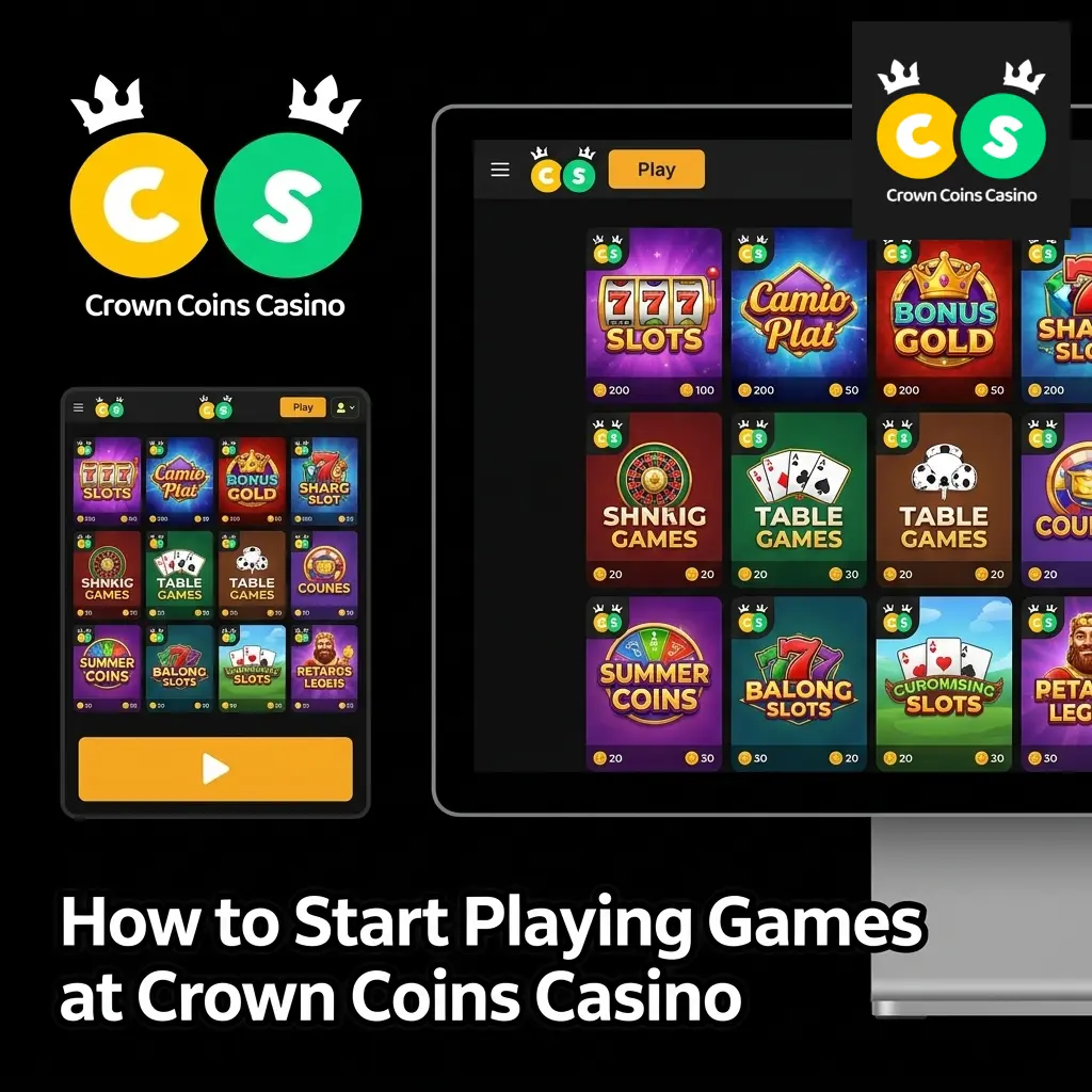 Crown Coins Casino game lobby showing slots, table games, and live dealer options with coin selection controls