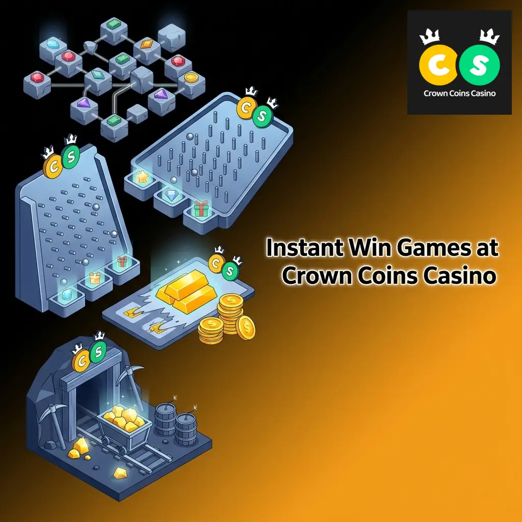 Instant win games at Crown Coins Casino including Plinko, Keno, and scratch cards for fast-play results