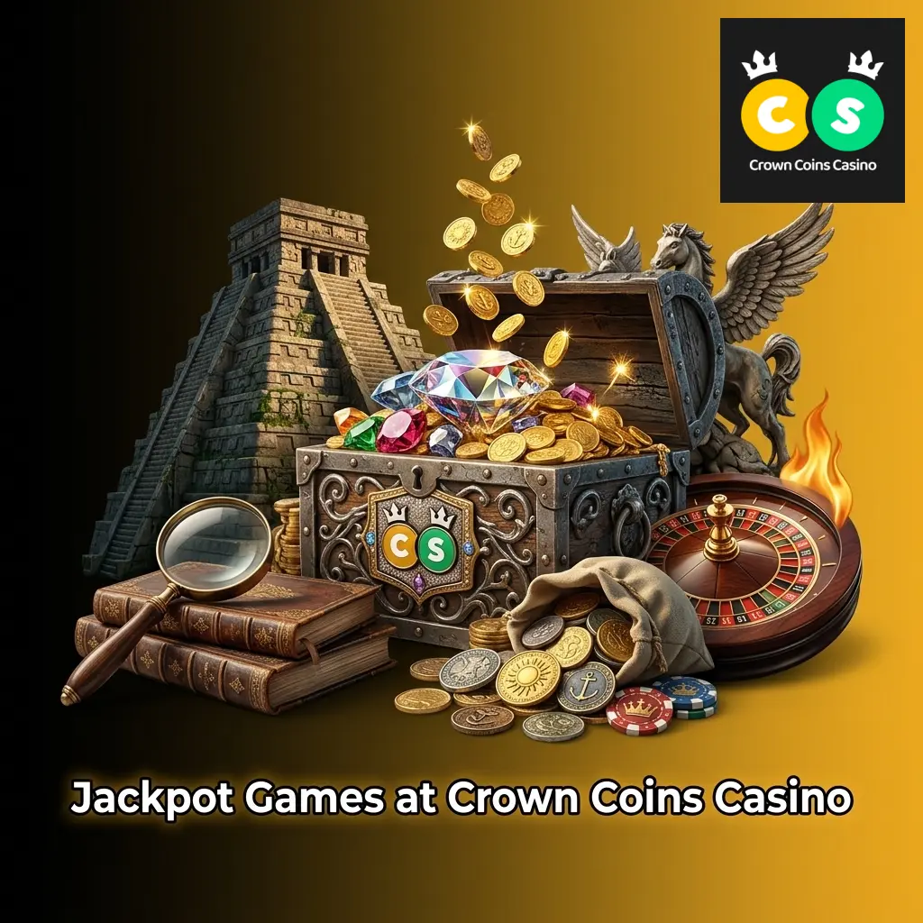 Crown Coins Casino jackpot games including Aztec Bonanza, Pirate Gold Deluxe, and Divine Fortune Megaways slots