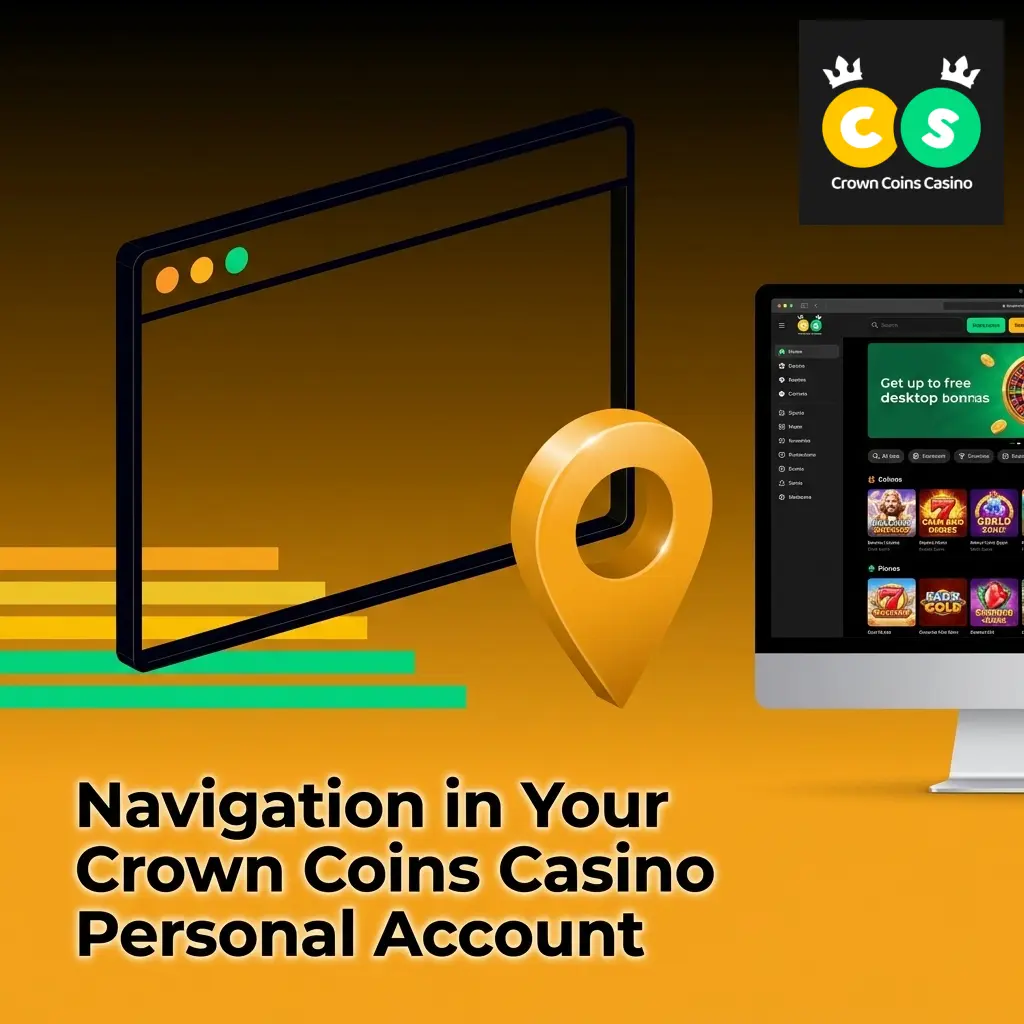 Crown Coins Casino personal account navigation menu showing profile, cashier, bonuses, orders, and responsible gambling options