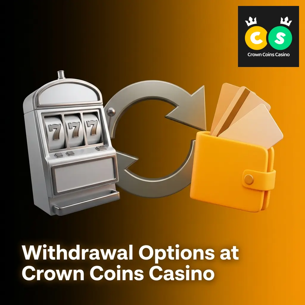 Crown Coins Casino withdrawal options table showing Visa, Mastercard, Apple Pay, Amex, and Discover with fees and speeds